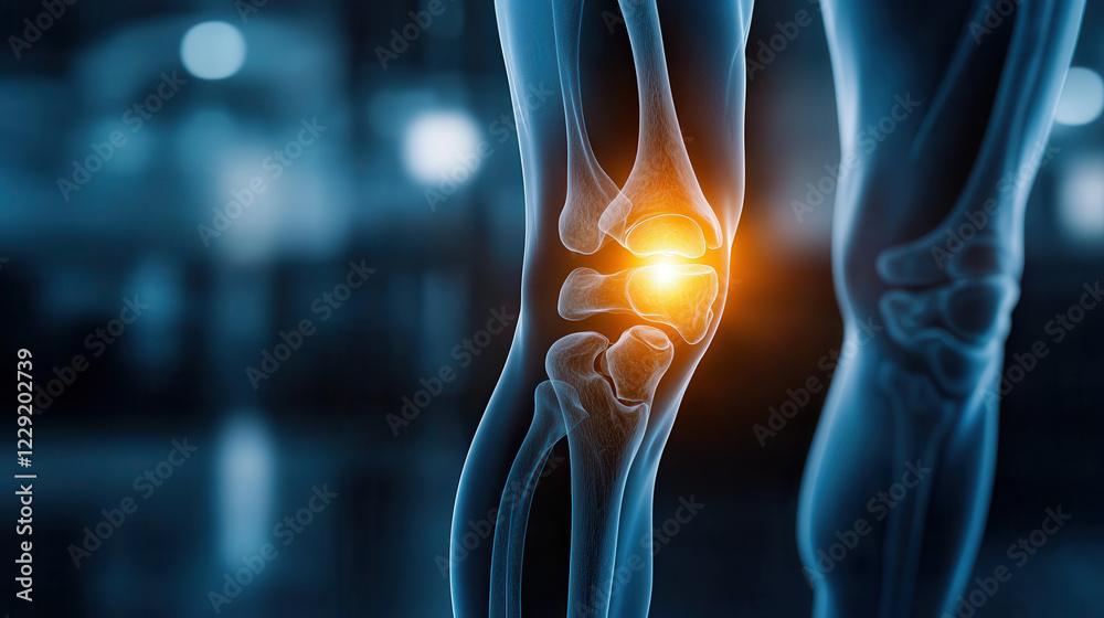 Poster detailed x ray image of knee joint showing visible signs of injury and inflammation, highlighting jo