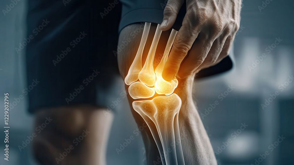 Poster detailed x ray image of knee joint showing visible signs of injury and inflammation, highlighting bo