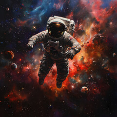 Fototapeta premium Astronaut explores the vastness of space, surrounded by vibrant galaxies and celestial bodies, contributing to humanity's understanding of the universe