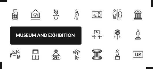 outline museum and exhibition icons set. editable linear geological, botanical, security guard, and other 14 icons in this category isolated on transparent background.