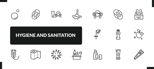 outline hygiene and sanitation icons set. editable linear hygienic pad, scrub up, wet cleaning, and other 14 icons in this category isolated on transparent background.