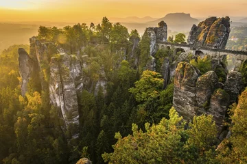 View of Bastei bridge, Bastei at sunrise, in the back the Lilienstein, Elbe Sandstone Mountains, Rathen, National Park Saxon Switzerland, Saxony, Germany, Europe