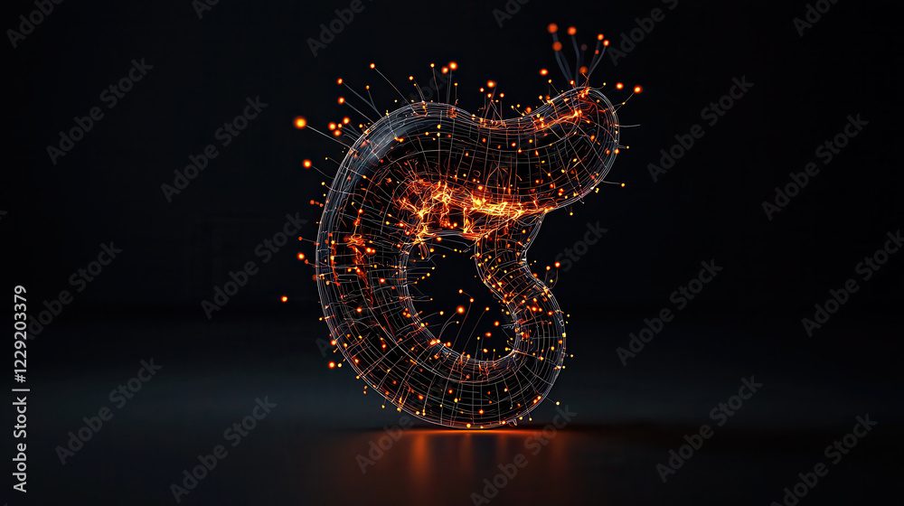 Poster dynamic holographic representation of stomach, showcasing intricate details and glowing connections. This visualization highlights complexity of organ in captivating manner