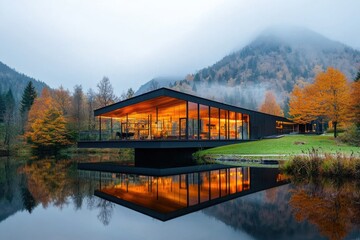 Obraz premium Future living glass-walled mountain view architectural design