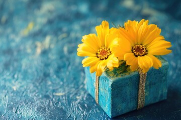 A small blue box with two bright yellow flowers inside