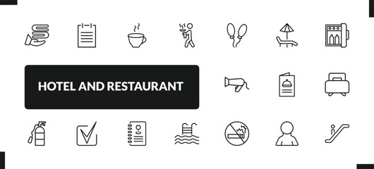 outline hotel and restaurant icons set. editable linear agenda, coffee, servant, and other 14 icons in this category isolated on transparent background.