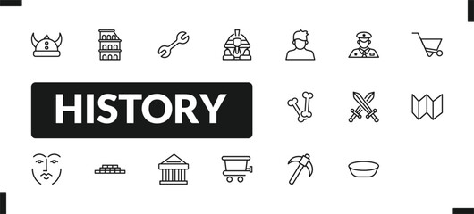 outline history icons set. editable linear colosseum, tool, sphinx, and other 14 icons in this category isolated on transparent background.