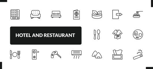outline hotel and restaurant icons set. editable linear lounge, double bed, passport, and other 14 icons in this category isolated on transparent background.