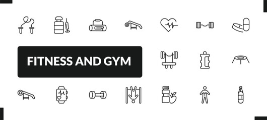 outline fitness and gym icons set. editable linear steroids, gym bag, simulator for press, and other 14 icons in this category isolated on transparent background.