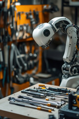 Fototapeta premium Close-up of AI-powered robot sorting tools in a garage workshop