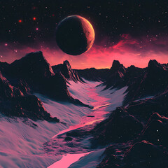Fototapeta premium Vast cosmic landscape showcasing a stunning view of distant mountains under a dark sky with a glowing planetary body, bathed in shades of pink and purple during twilight