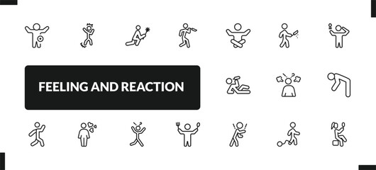 Naklejka premium outline feeling and reaction icons set. editable linear angry human, sorry human, terrible human, and other 14 icons in this category isolated on transparent background.