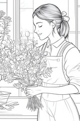 Woman with a Beautiful Floral Bouquet . Children coloring page