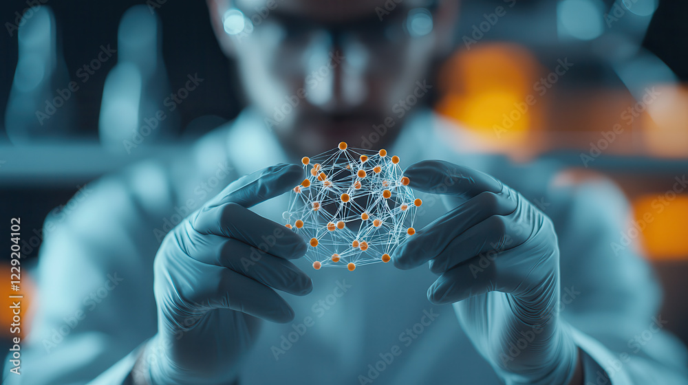 Poster biotech researcher in lab examines molecular structure with precision, showcasing advanced technolog
