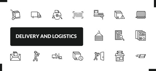 outline delivery and logistics icons set. editable linear transportation, supply chain, barcode, and other 14 icons in this category isolated on transparent background.