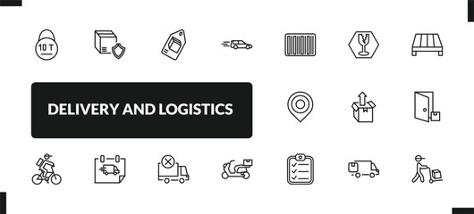 outline delivery and logistics icons set. editable linear delivery shield, delivery tag, by car, and other 14 icons in this category isolated on transparent background.