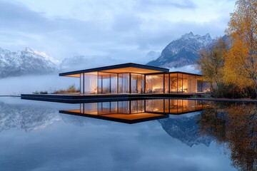 Fototapeta premium Futuristic glass house overlooking tranquil mountain lake setting