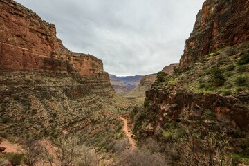 Gorge of the Grand Canyon, view from hiking trail Bright Angel Trail, eroded rock landscape, South Rim, Grand Canyon National Park, Arizona, USA, North America