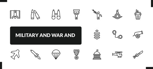 outline military and war and icons set. editable linear two bullets, binoculars, revolt, and other 14 icons in this category isolated on transparent background.