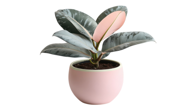 Decorative indoor plant with gray-green leaves and a pinkish leaf tip in a modern pink pot on a white background
