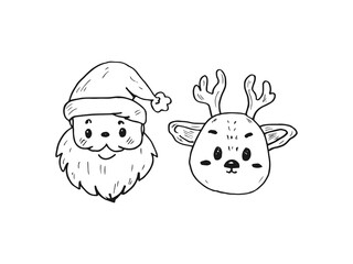 Santa and reindeer head doodle cartoon hand-drawn Christmas vector element.