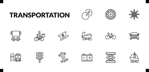 outline transportation icons set. editable linear alloy wheel, ship wheel, public transportation, and other 12 icons in this category isolated on transparent background.