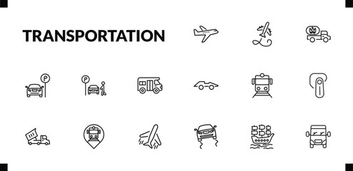 outline transportation icons set. editable linear flying airplane, gas truck, car parking, and other 12 icons in this category isolated on transparent background.