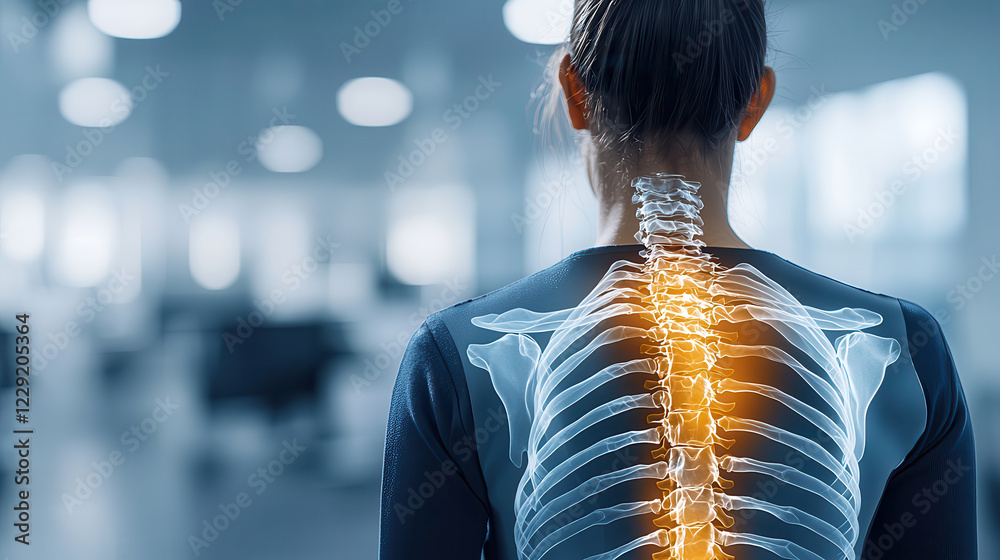 Poster high resolution image of x ray scan showing human spine with highlighted areas, illustrating potenti