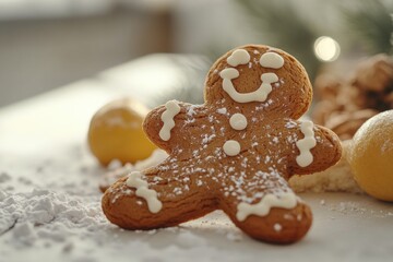 A close-up view of a gingerbread man sitting on a table