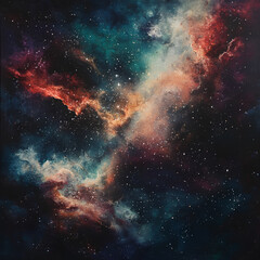 Fototapeta premium Colorful cosmic clouds swirl through a star-filled sky in a breathtaking celestial display of colors and patterns against the vastness of space