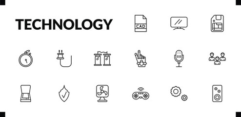 outline technology icons set. editable linear lcd screen, big floppy disk, stopwatch running, and other 12 icons in this category isolated on transparent background.