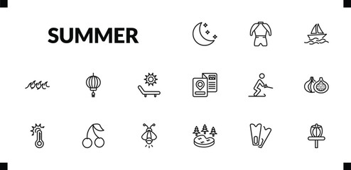 outline summer icons set. editable linear wetsuit, yatch boat, ocean, and other 12 icons in this category isolated on transparent background.
