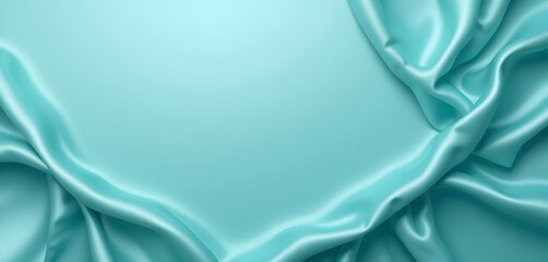 Beautiful light green blue silk satin surface. Soft folds on shiny fabric. Luxury teal background with space for text, design. Web banner. Flat lay table. Top view. Birthday, Christmas, Valentine