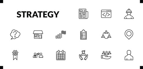 outline strategy icons set. editable linear coding, worker, question, and other 12 icons in this category isolated on transparent background.