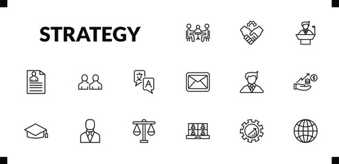 outline strategy icons set. editable linear partner, conference, resume, and other 12 icons in this category isolated on transparent background.