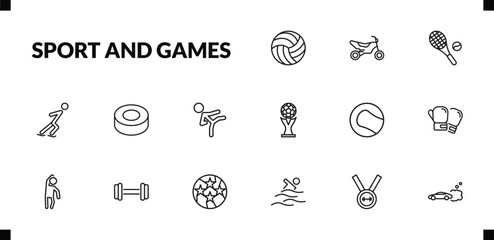 outline sport and games icons set. editable linear motocross, tennis game, skating, and other 12 icons in this category isolated on transparent background.