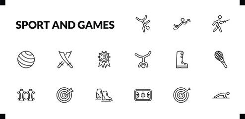 outline sport and games icons set. editable linear waiter falling, medieval fencing, gym ball, and other 12 icons in this category isolated on transparent background.