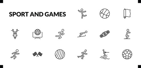 outline sport and games icons set. editable linear basketball basket, foil, motor sports, and other 12 icons in this category isolated on transparent background.