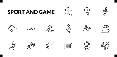 outline sport and game icons set. editable linear third, boy with skatingboard, baseball helmet, and other 12 icons in this category isolated on transparent background.