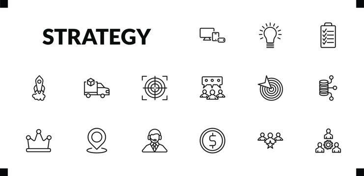 outline strategy icons set. editable linear idea, planning, startup, and other 12 icons in this category isolated on transparent background.