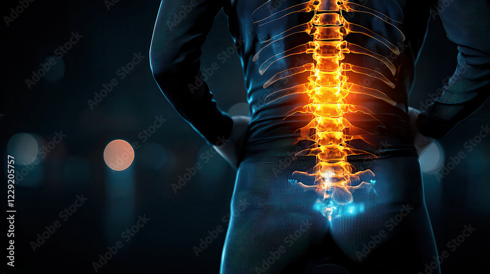 Poster high resolution X ray image showing close up of lower spine, highlighting vertebrae and spinal cord with glowing effects. This visual representation emphasizes importance of spinal health and