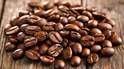 dark roasted coffee beans scattered across a wooden table, their natural oils shining under soft, warm light that creates a comforting ambiance