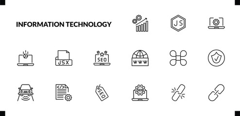 outline information technology icons set. editable linear js, software, simulation, and other 12 icons in this category isolated on transparent background.
