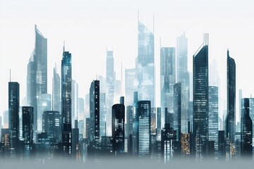 Obraz premium Futuristic Urban Skyline Featuring Tall Skyscrapers and Modern Architecture Against a Soft White Background with a Dreamy Atmosphere