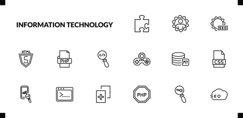 outline information technology icons set. editable linear seo management, image seo, html5, and other 12 icons in this category isolated on transparent background.