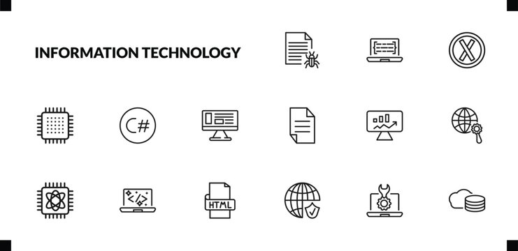 outline information technology icons set. editable linear code listing, error, microchip, and other 12 icons in this category isolated on transparent background.