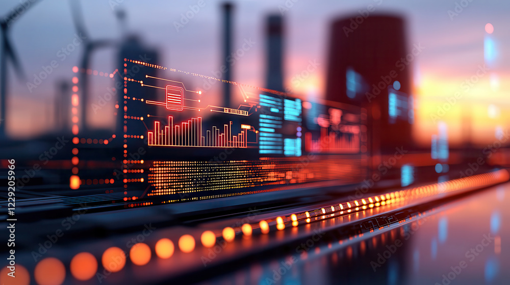 Aufkleber High tech energy plant with digital data visualization and glowing elements, showcasing modern technology and innovation in energy production