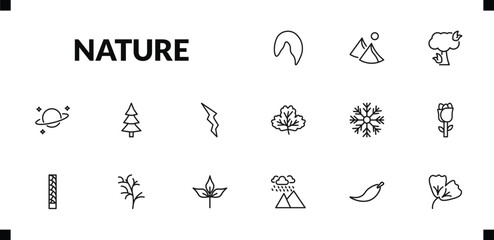 outline nature icons set. editable linear dune, pine tree on fire, planet with satellite, and other 12 icons in this category isolated on transparent background.