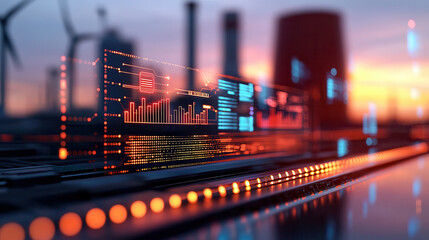 High tech energy plant with digital data visualization and glowing elements, showcasing modern technology and innovation in energy production