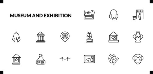 outline museum and exhibition icons set. editable linear audio guide, metal detector, roman or greek helmet, and other 12 icons in this category isolated on transparent background.